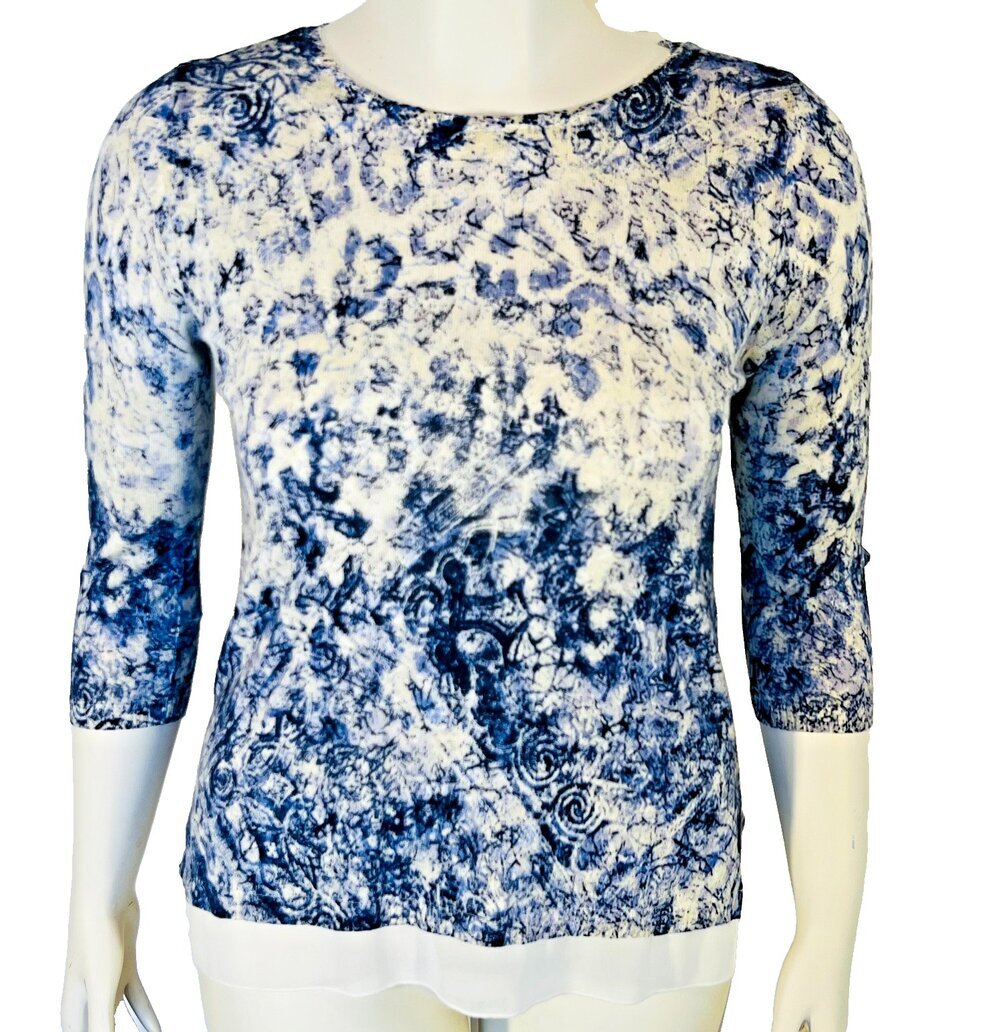 Chico's Sweater Tunic Womens S Blue Cream Abstract Roccoco Animal Print 3/4 Slve